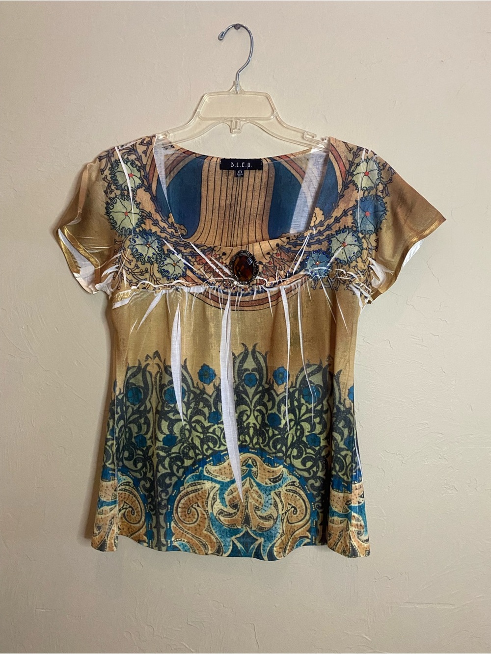 BLEU Art Nouveau Print Top Women's M Gold Blue Ruched Brooch Jeweled Embellished